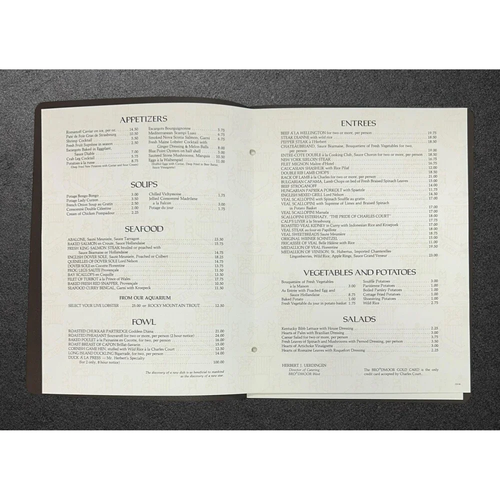 Vintage Charles Court Restaurant Menu Embossed Faux Leather Crested Binder Cover